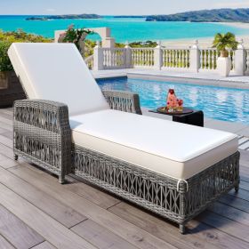 Outdoor Long Lounge Chair, Wicker Lounge Chair With Armrests, Adjustable Terrace Lounge Chair With Detachable Soft Cushions, All-weather Rattan P (Color: Beige)