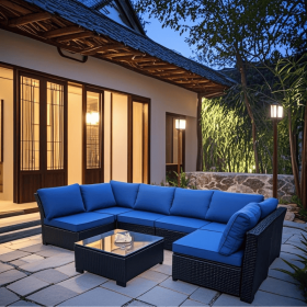 Outdoor Recreation, Courtyard Garden, Rattan Table And Chair Combination (Color: Blue)
